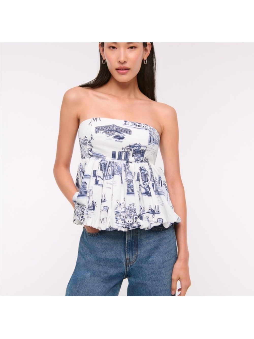 Abercrombie & Fitch White Peplum Top with Blue Scenic Print